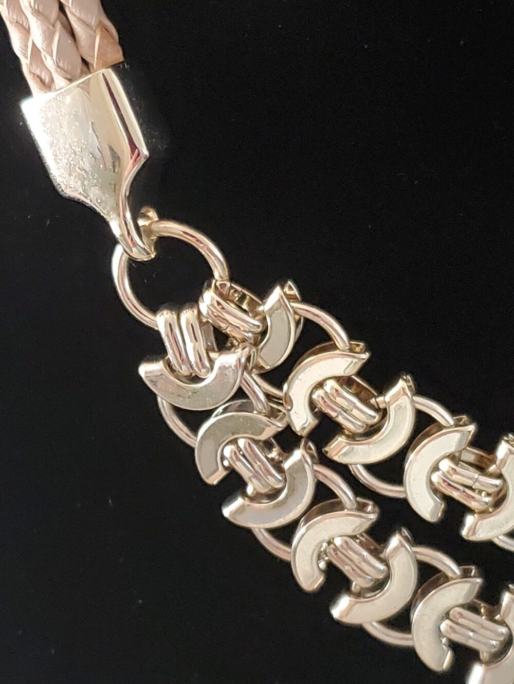 White House Black Market Braided Tan Faux Leather Gold-Tone Statement Necklace - Picture 3 of 8